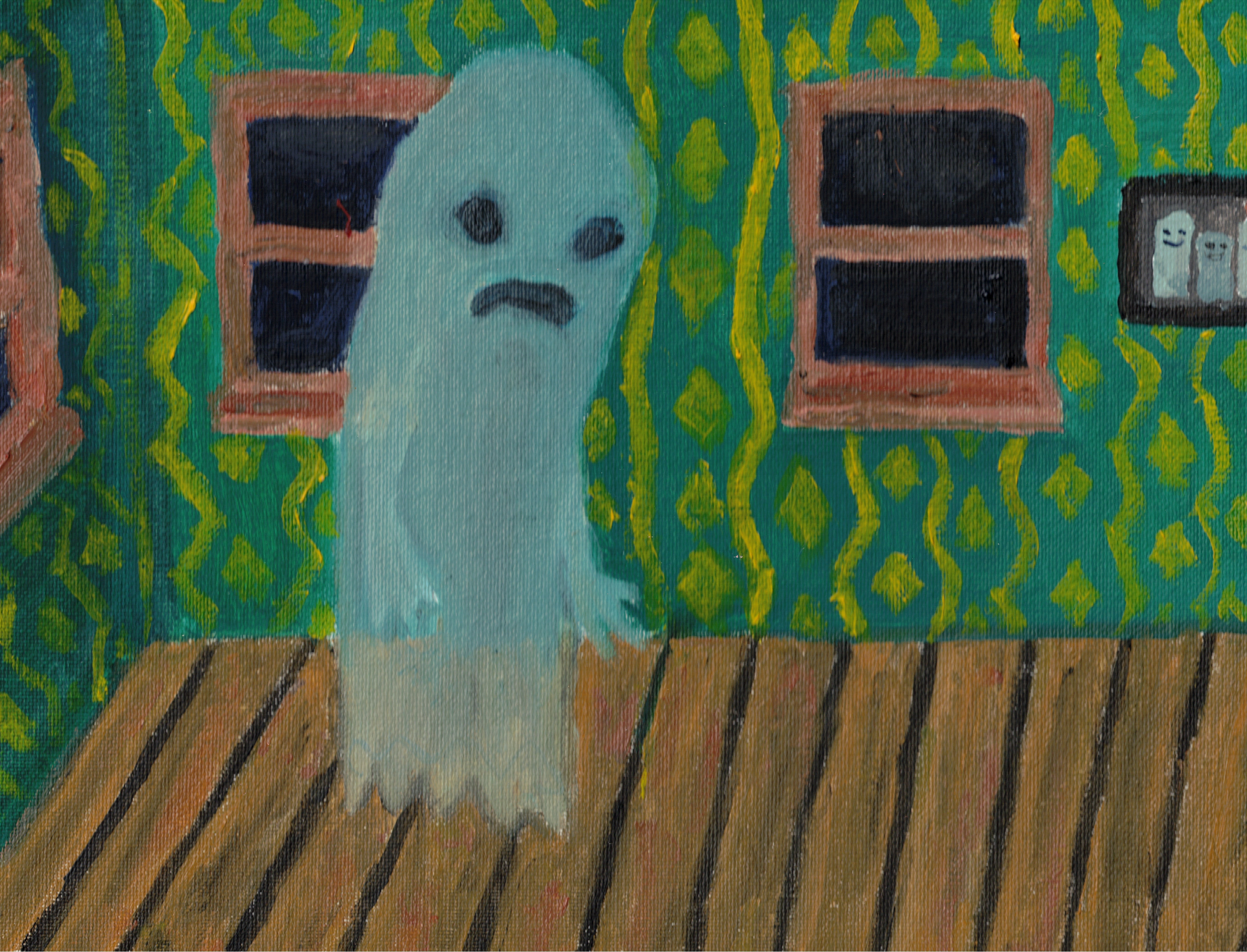 ghost alone in a house with green walls