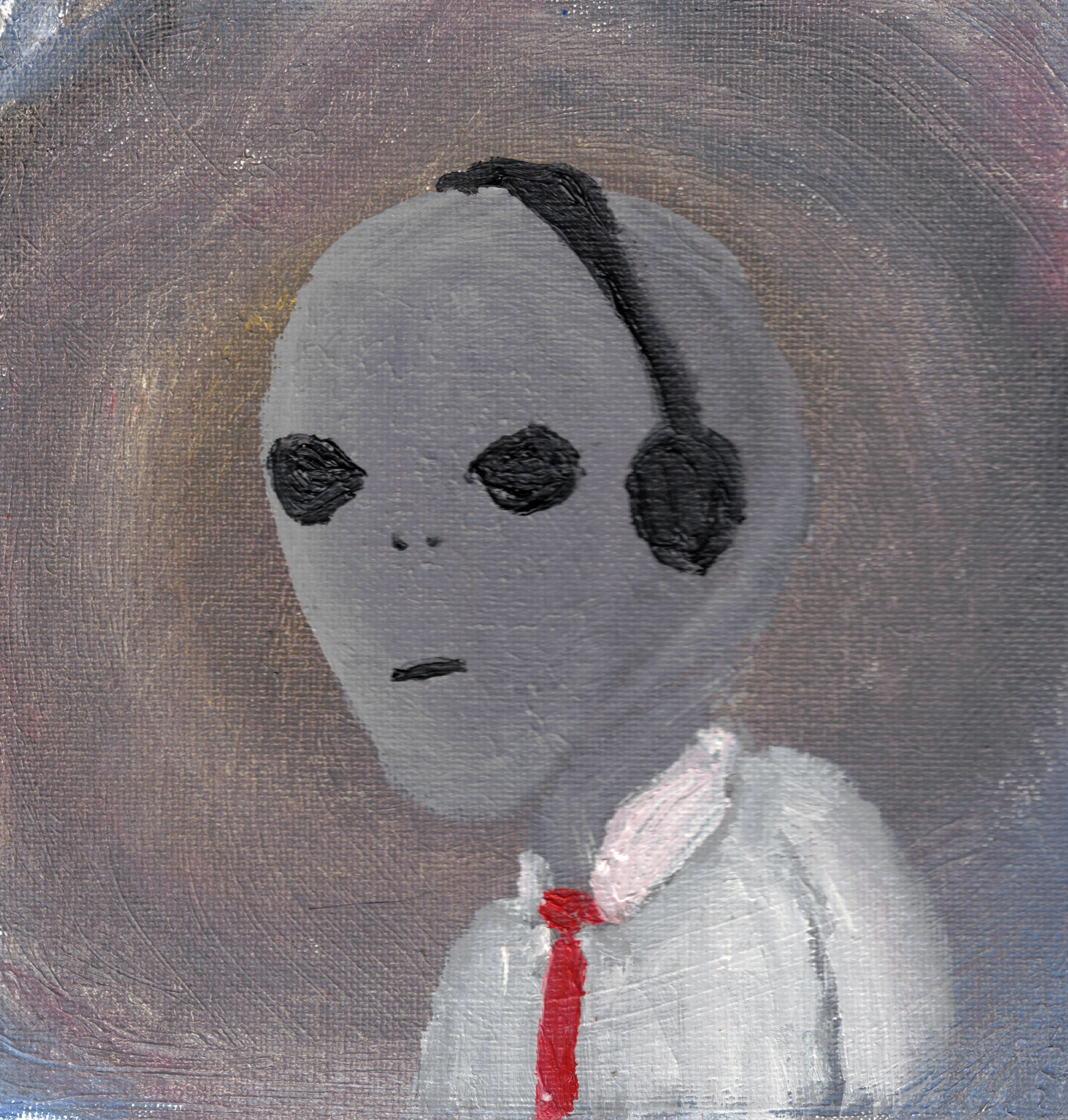 grey alien in a dress shirt and tie wearing headphones